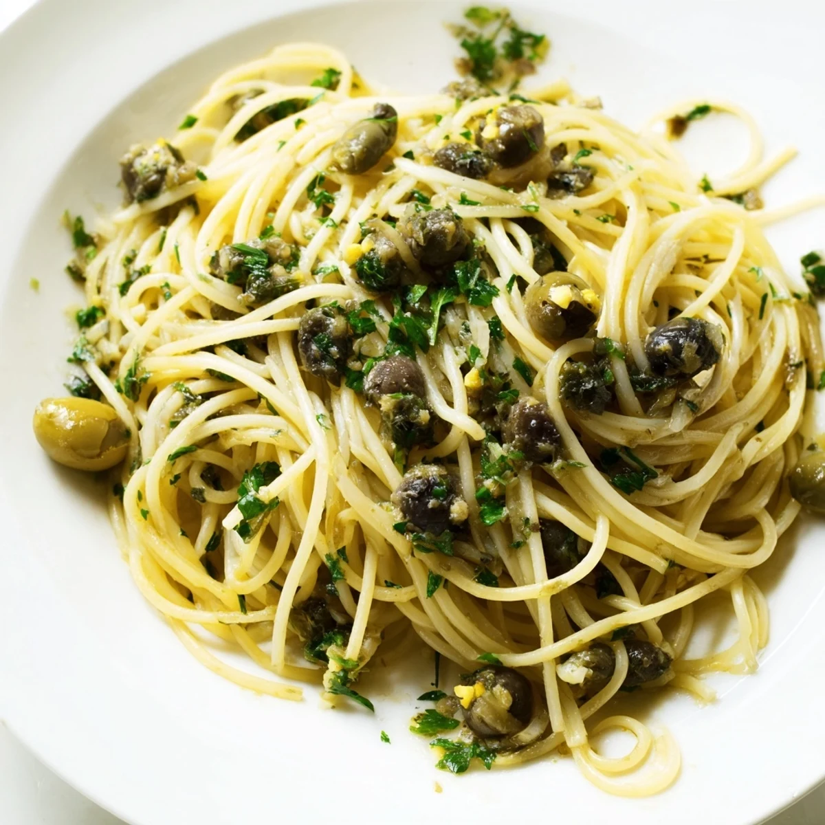 A vibrant bowl of Olive Tapenade Pasta, featuring spaghetti tossed in a chunky, briny sauce of olives, capers, and fresh garlic.  