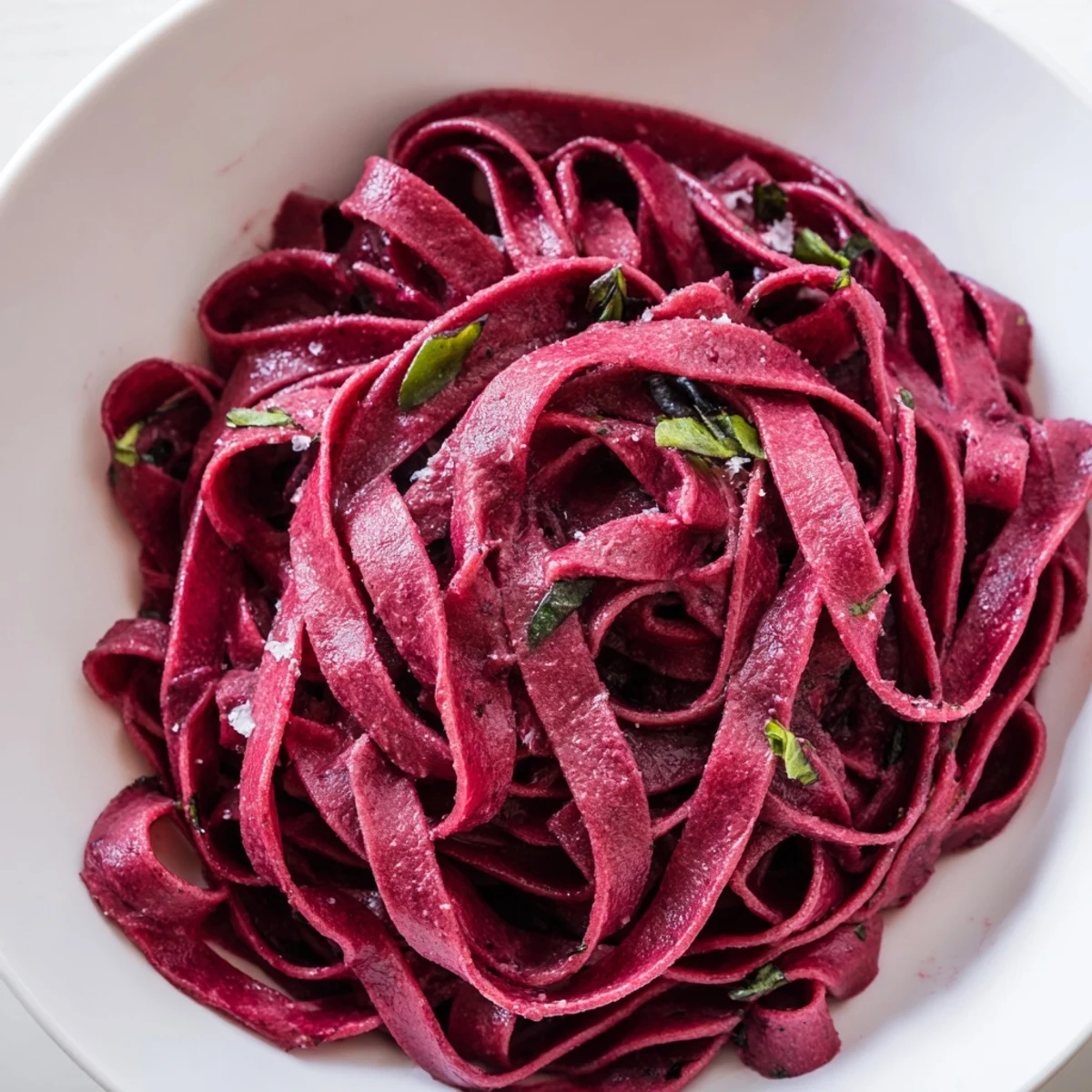 Brightly colored beet noodle pasta arranged on a white plate, garnished with fresh parsley and grated Parmesan.  