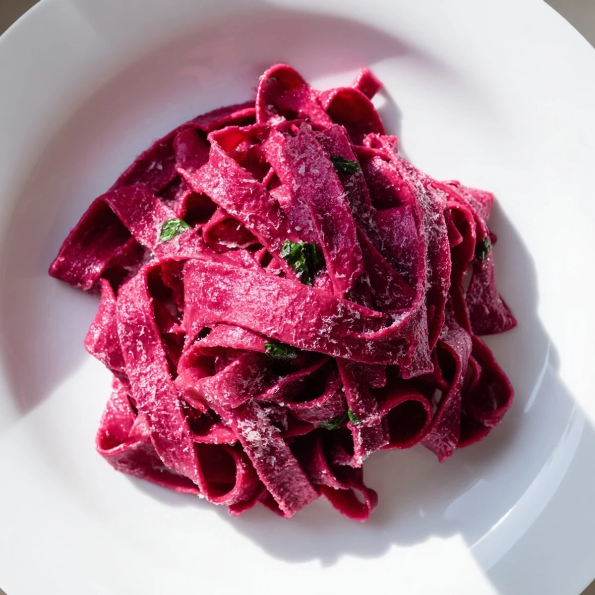 Freshly cooked magenta beet noodles tossed with olive oil and herbs, served alongside a rustic wooden cutting board.  