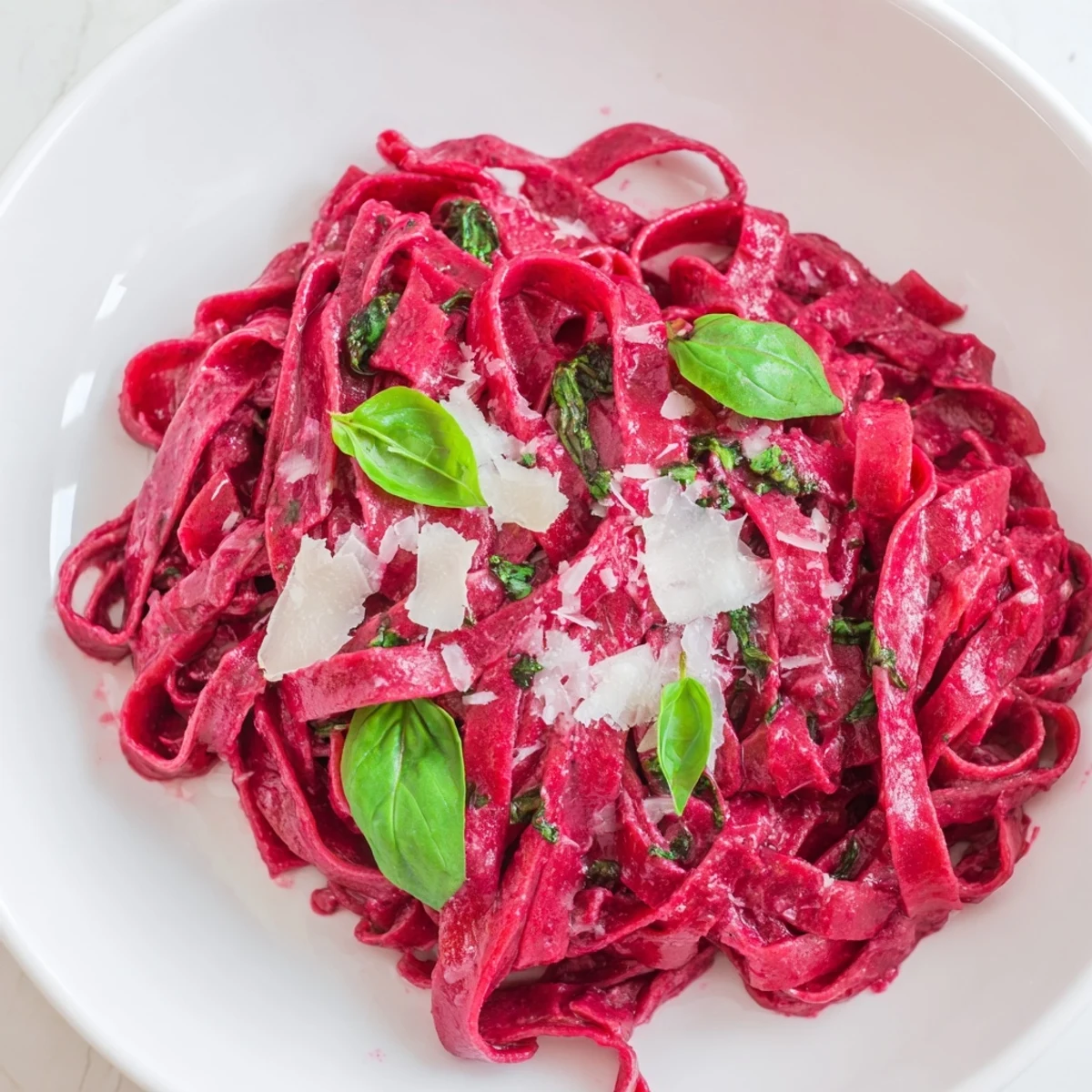 Vibrant homemade beet pasta noodles displayed on a marble countertop, ready to be served as a main dish.