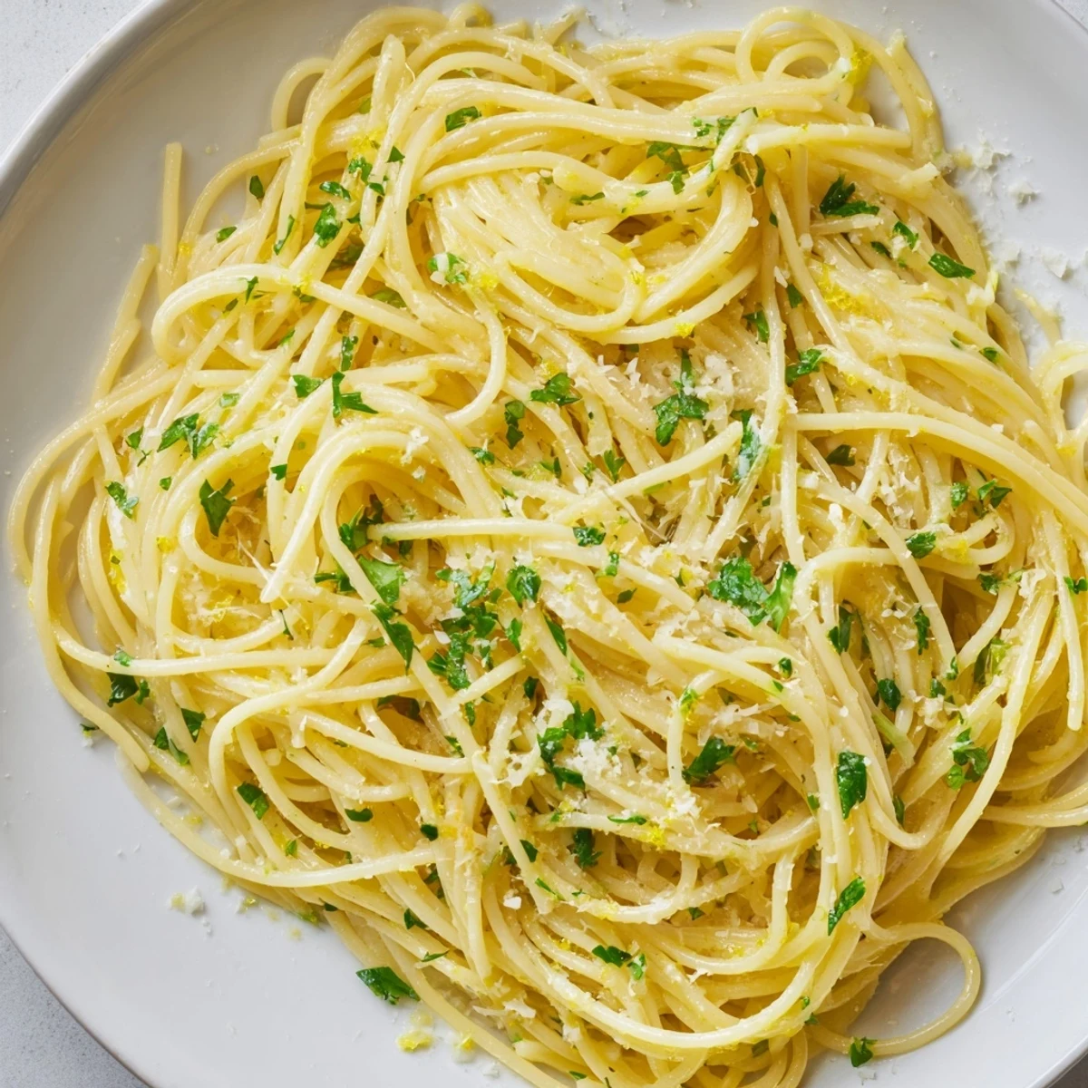 Close-up of Lemon Butter Pasta Light, featuring golden capellini in a glossy, light lemon-butter sauce garnished with fresh parsley and grated Parmesan.