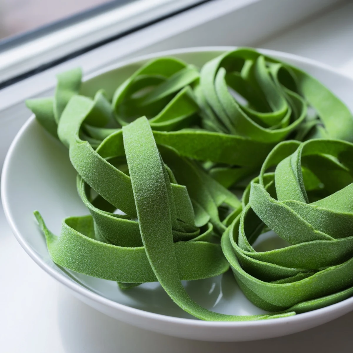 Vibrant green spinach pasta dough rests on a floured surface, ready to be rolled into silky sheets for fresh fettuccine.