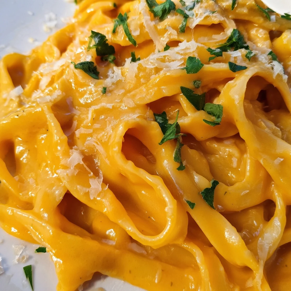 Silky butternut squash pasta with creamy roasted squash sauce, served warm in a rustic bowl.