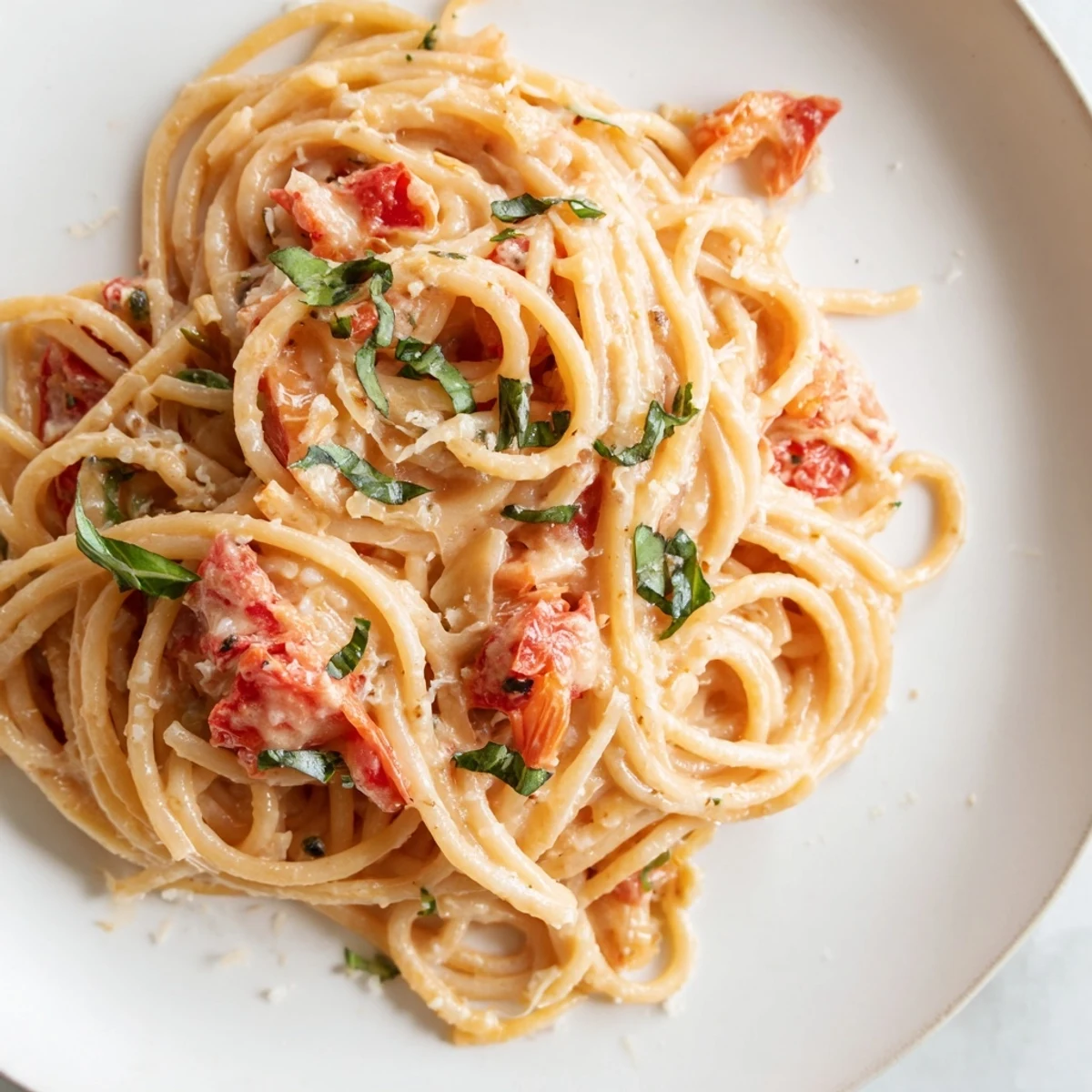 Silky roasted garlic pasta sauce tossed with spaghetti, finished with red pepper flakes.  