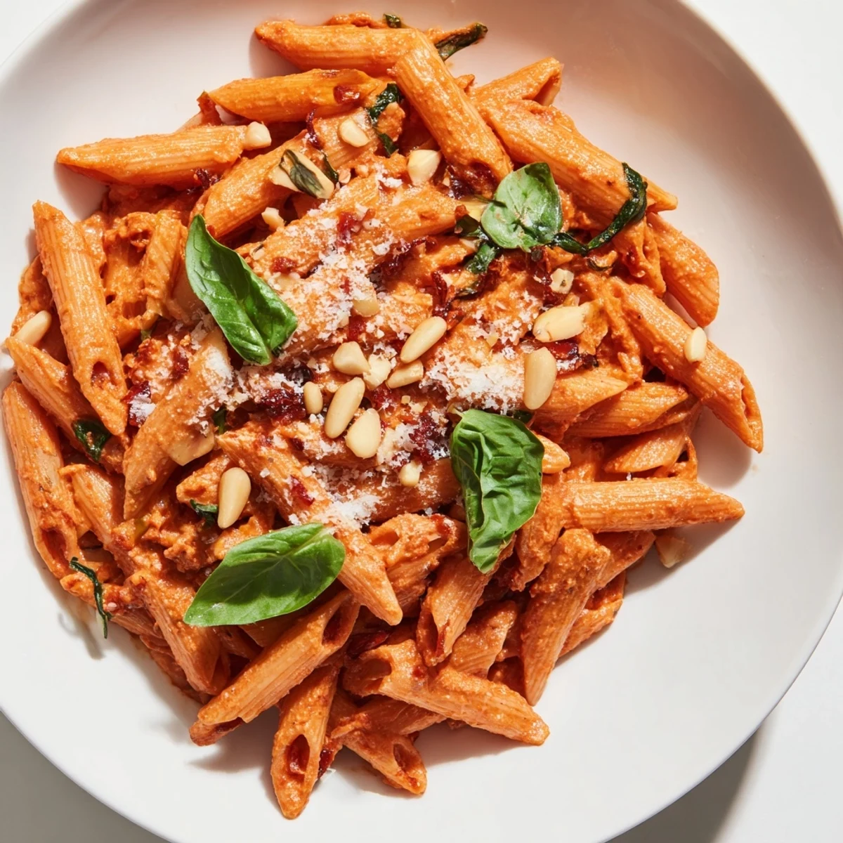 A close-up of Sun-Dried Tomato Pesto Pasta twirled on a fork, showcasing the rich, deep red sauce clinging to al dente penne.  