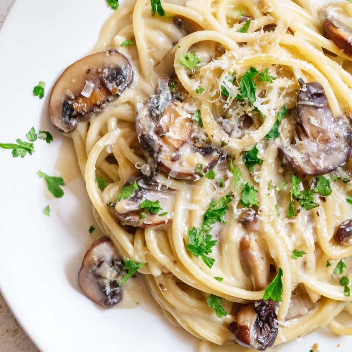 Silky creamy mushroom linguine tossed in a rich garlic parmesan sauce with golden sautéed mushrooms and fresh parsley garnish.