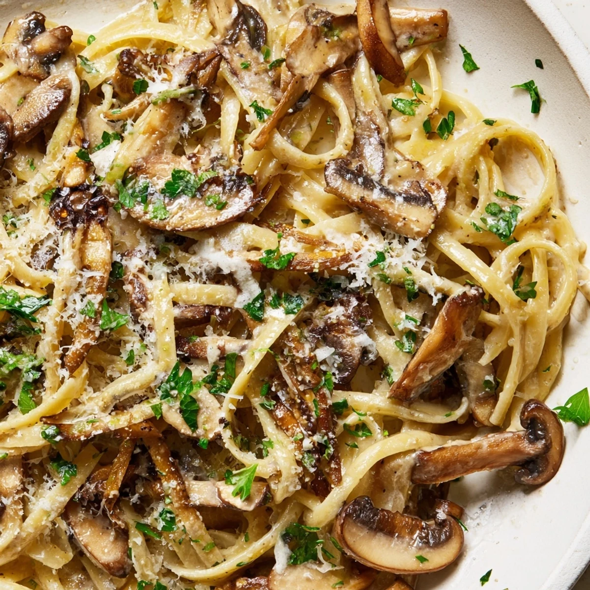 A comforting bowl of creamy mushroom linguine with steaming pasta, melted parmesan, and a sprinkle of fresh parsley.