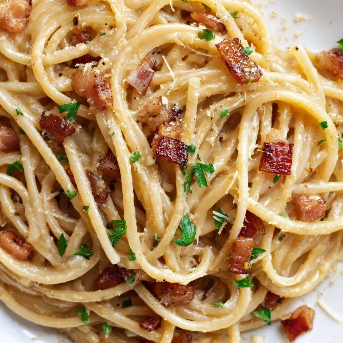 A steaming bowl of Crispy Bacon Linguine features silky sauce coating each strand, with aromatic garlic and lemon zest accents.  