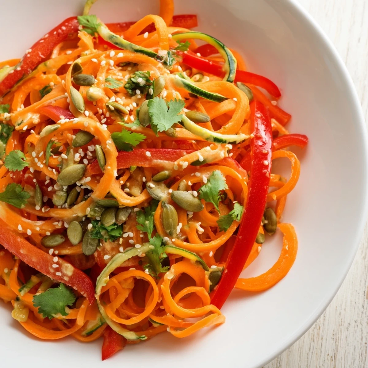 Vibrant spiralized carrot noodles create a colorful, gluten-free base for this Carrot Noodle Skincare Bowl, topped with crisp cucumber and creamy avocado.