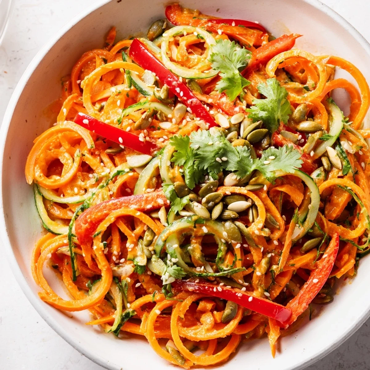 The Carrot Noodle Skincare Bowl features a zesty tahini-lime drizzle over fresh spinach and red peppers, served in a bright, healthy lunch bowl.