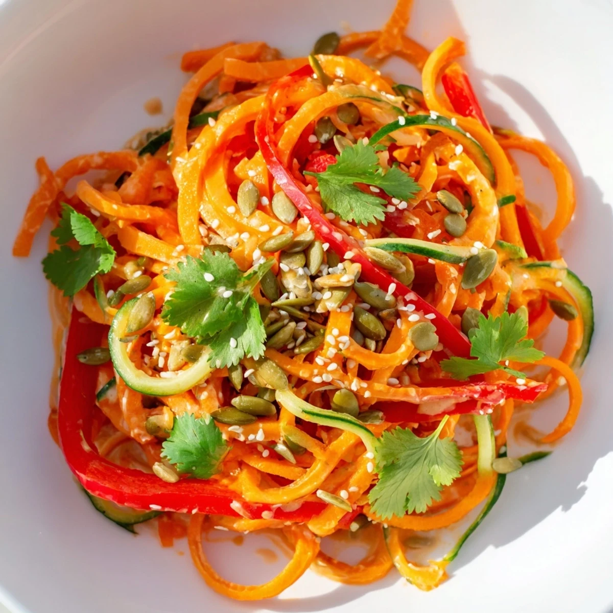 Enjoy a refreshing, vegan Carrot Noodle Skincare Bowl garnished with toasted sesame and pumpkin seeds, ready to eat in just 20 minutes.