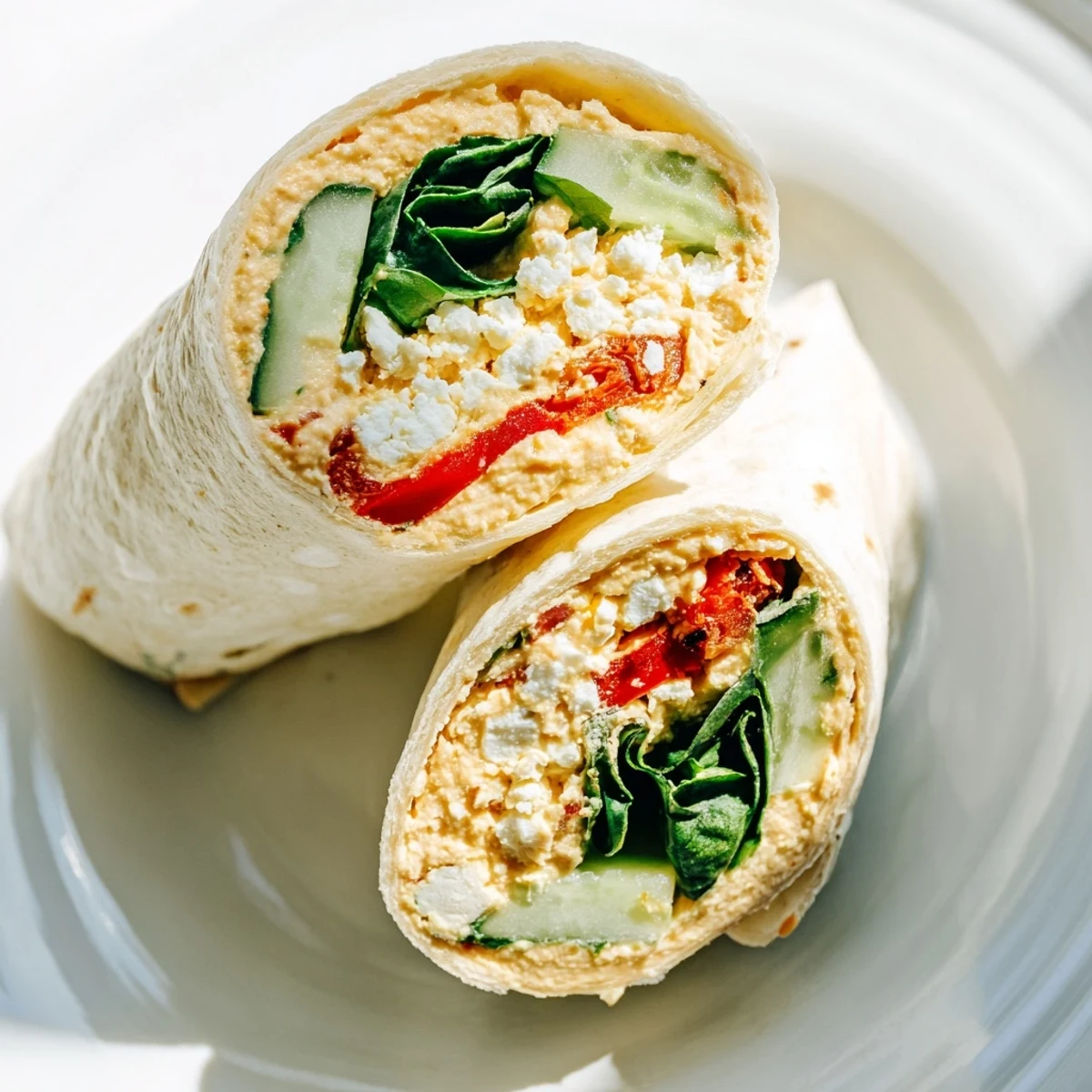 Diagonal view of a Mediterranean Veggie Wrap with crumbled feta, crisp spinach, and vibrant red peppers.