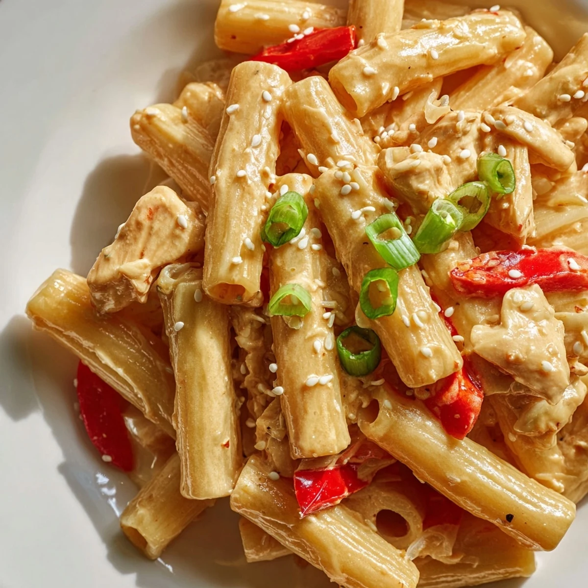 Creamy Sweet Chili Chicken Pasta with tender chicken, red bell peppers, and spring onions garnish.