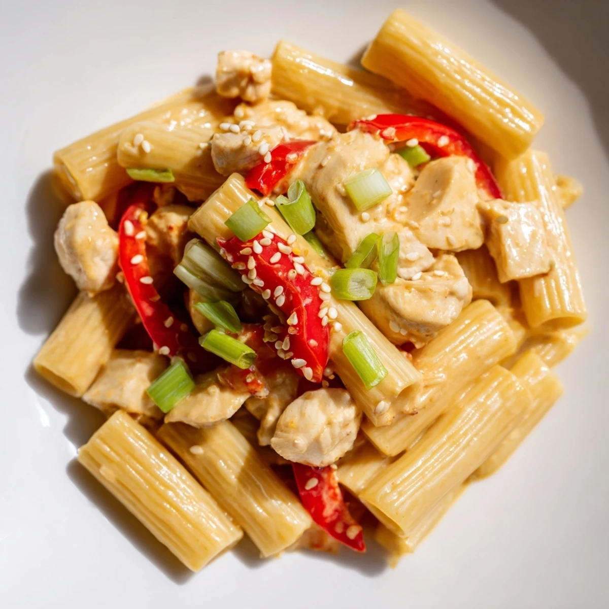 Pen with fork twirls Sweet Chili Chicken Pasta, showcasing a luscious, creamy, slightly spicy sauce.