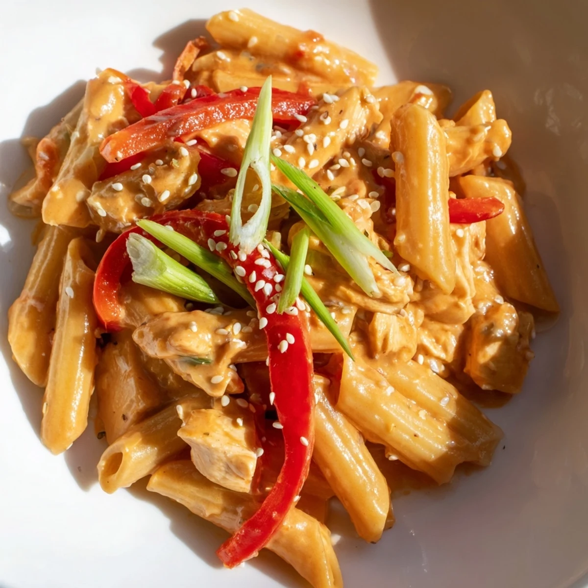 Close-up of Sweet Chili Chicken Pasta in a white bowl, garnished with cilantro and sesame seeds.