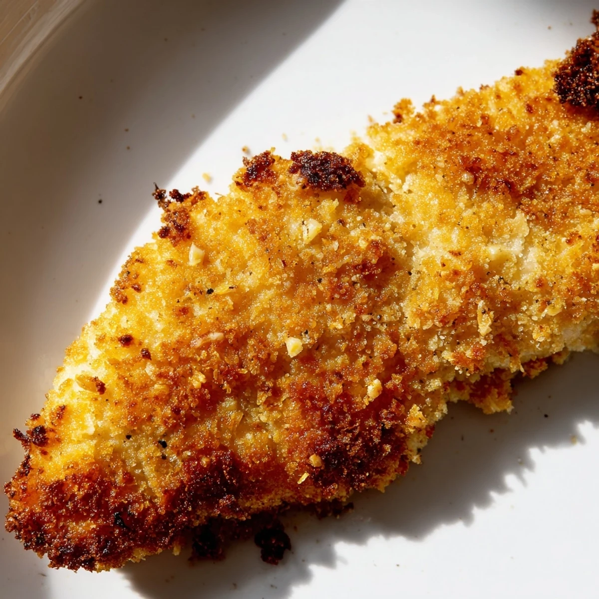 Juicy roasted garlic Parmesan chicken breasts with golden, crisp breadcrumbs served alongside colorful roasted vegetables.  
