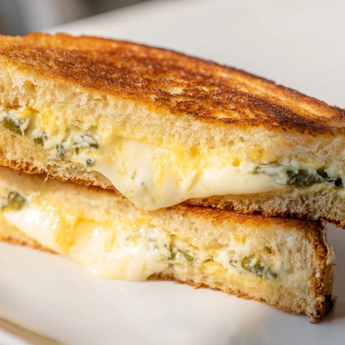 Close-up view of a jalapeño popper grilled cheese, showcasing the creamy filling and crispy, crunchy bread crust.  