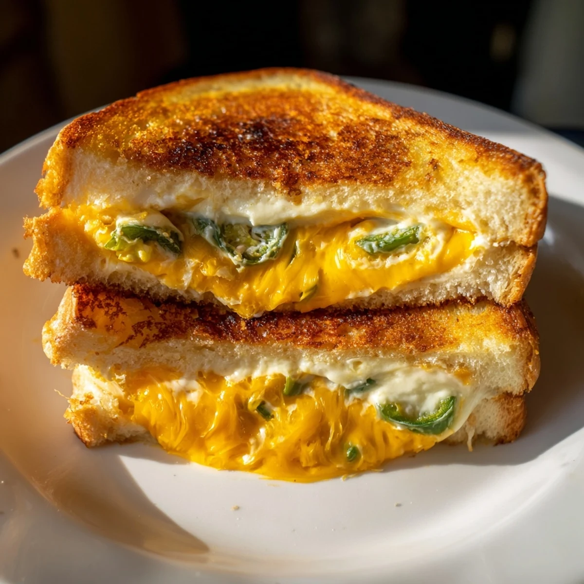 A fresh jalapeño popper grilled cheese sandwich cut in half, revealing the spicy, cheesy interior on a wooden board.