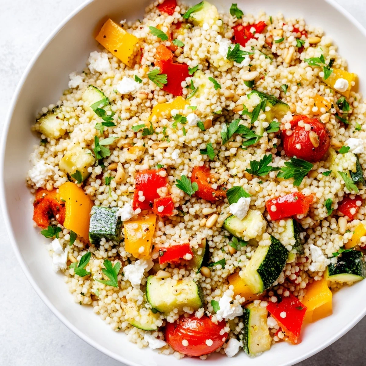 Roasted Veggie Couscous Salad features colorful vegetables like zucchini and bell peppers roasted until caramelized and tender, tossed with fluffy couscous.
