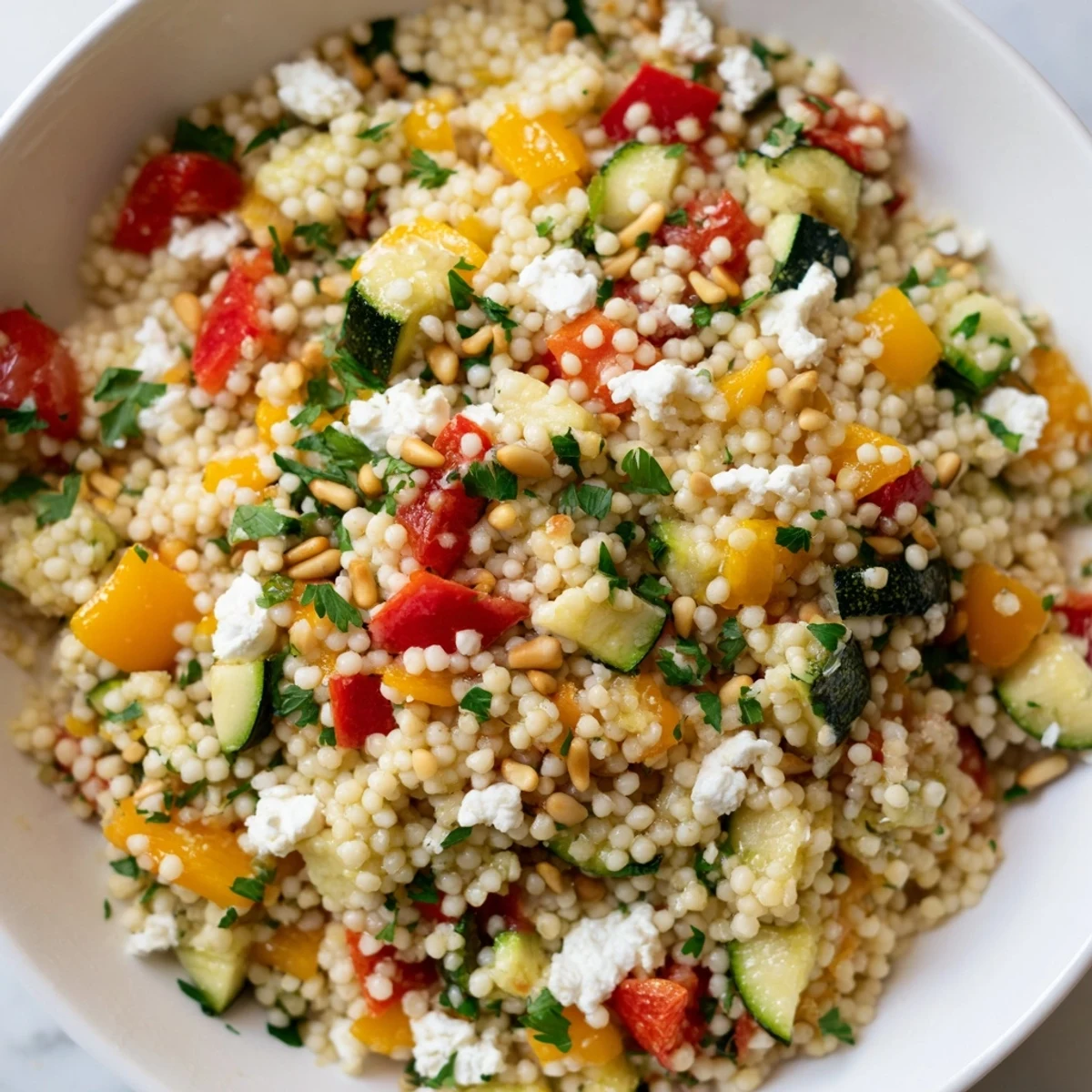 Serving suggestion for Roasted Veggie Couscous Salad plated as a warm main dish, alongside grilled chicken, showcasing the vibrant mix of roasted veggies.