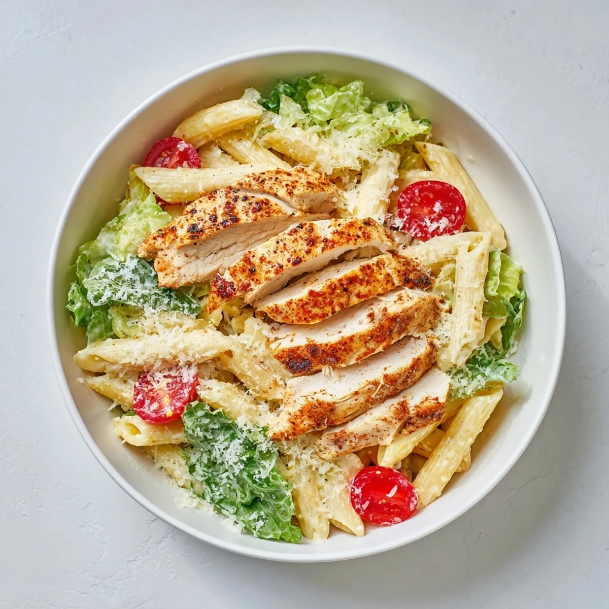 A close-up of Spicy Chicken Caesar Pasta in a white bowl, featuring sliced grilled chicken, creamy dressing, and crisp romaine.  