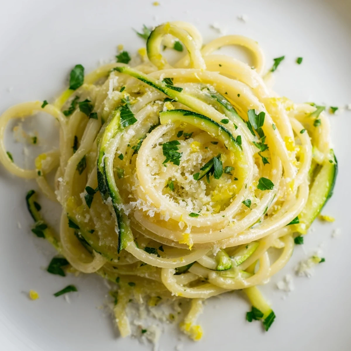 Bright yellow spiralized zucchini and al dente spaghetti glisten in a lemon butter sauce, garnished with fresh parsley and grated Parmesan cheese.