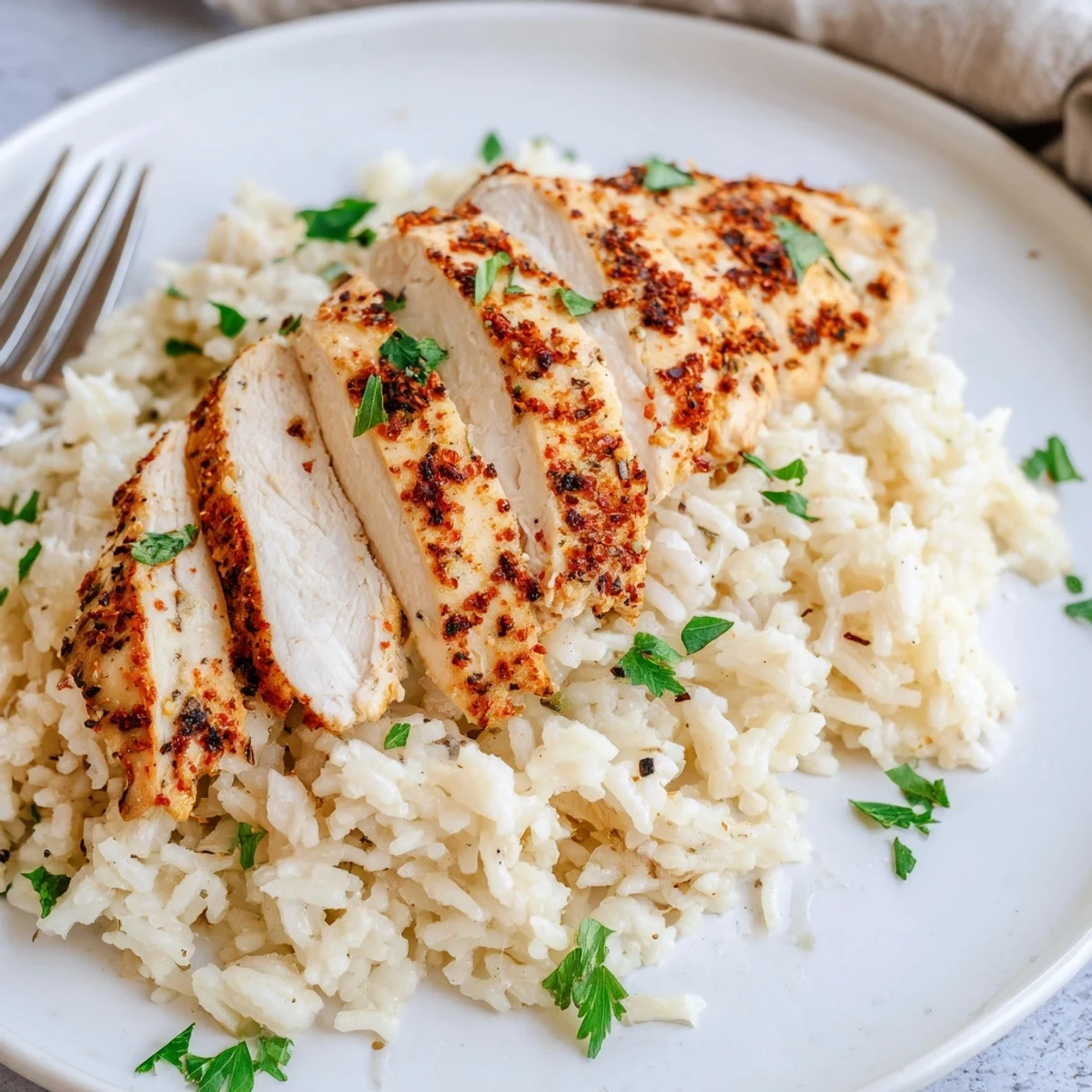 A close-up of golden garlic butter rice topped with sliced, juicy grilled chicken breast, garnished with fresh parsley and a lemon wedge.