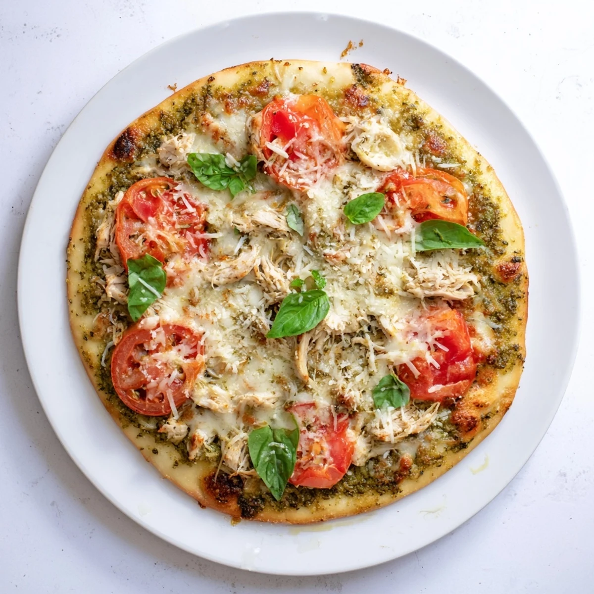 A close-up of golden-brown Chicken Pesto Pizza, showcasing a crisp thin crust with melted mozzarella, fresh tomato slices, and vibrant basil pesto.  