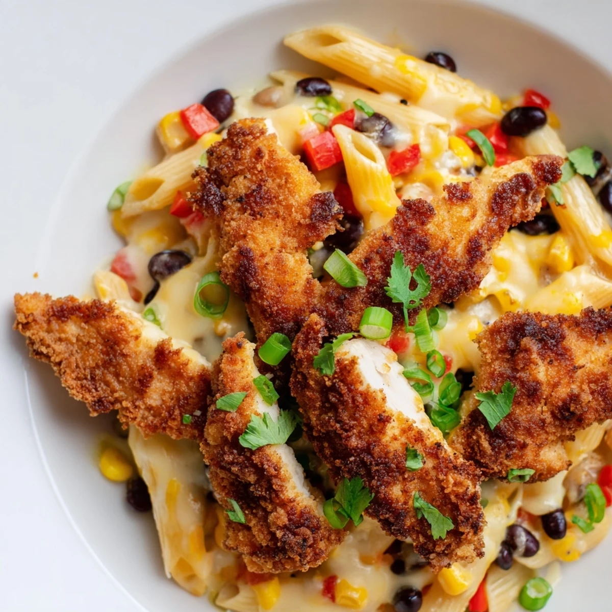 Golden, crispy chicken pieces topped with melted cheddar and Monterey Jack on a skillet of Crispy Chicken Burrito Pasta with black beans and corn.