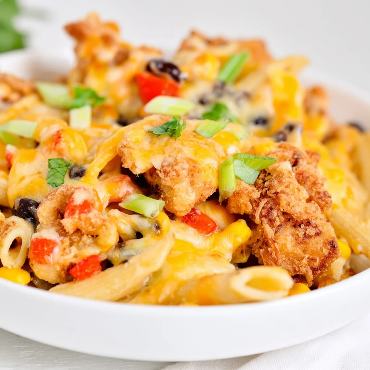 Close-up of a forkful of Crispy Chicken Burrito Pasta with juicy chicken, black beans, and a dollop of sour cream next to lime wedges.