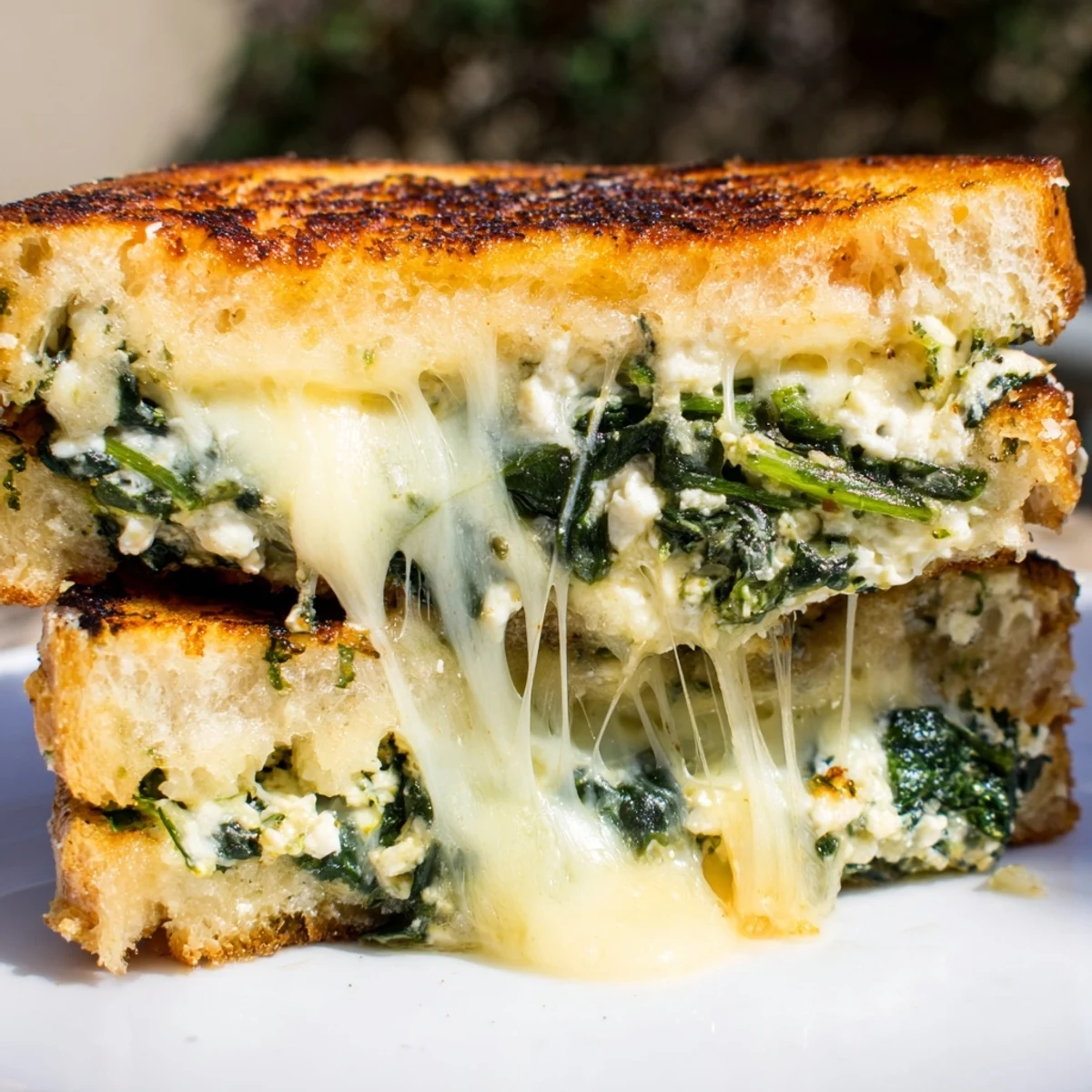 Golden-brown Feta & Spinach Stuffed Grilled Cheese oozing melted feta and mozzarella, served on a wooden board.