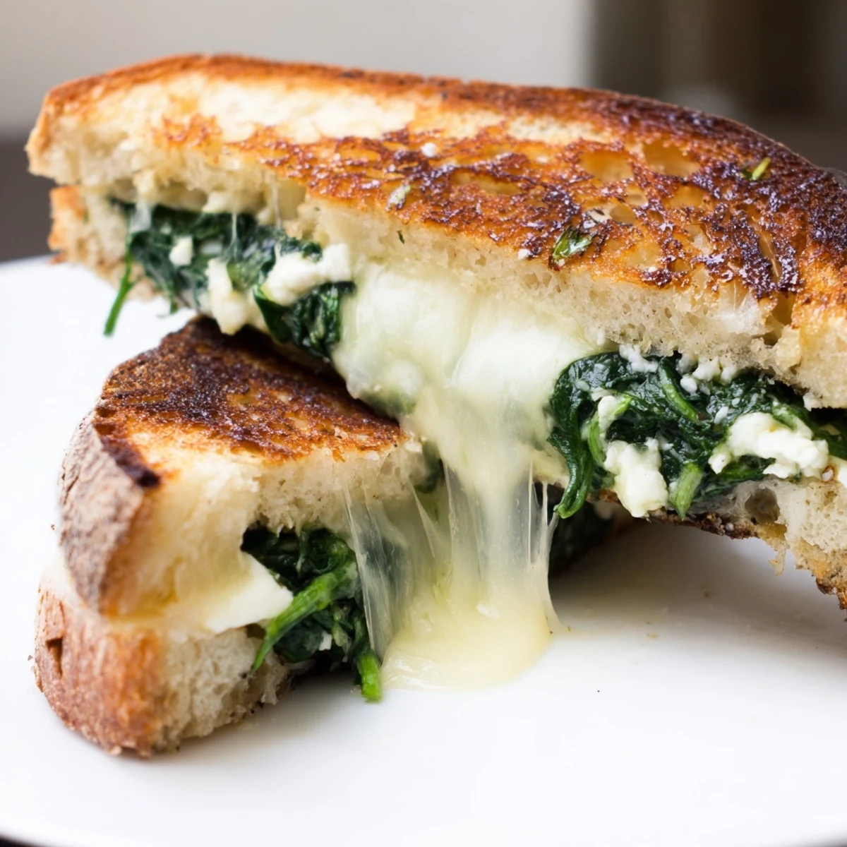 Hearty Feta & Spinach Stuffed Grilled Cheese with sautéed greens, paired beside a warm bowl of tomato soup.