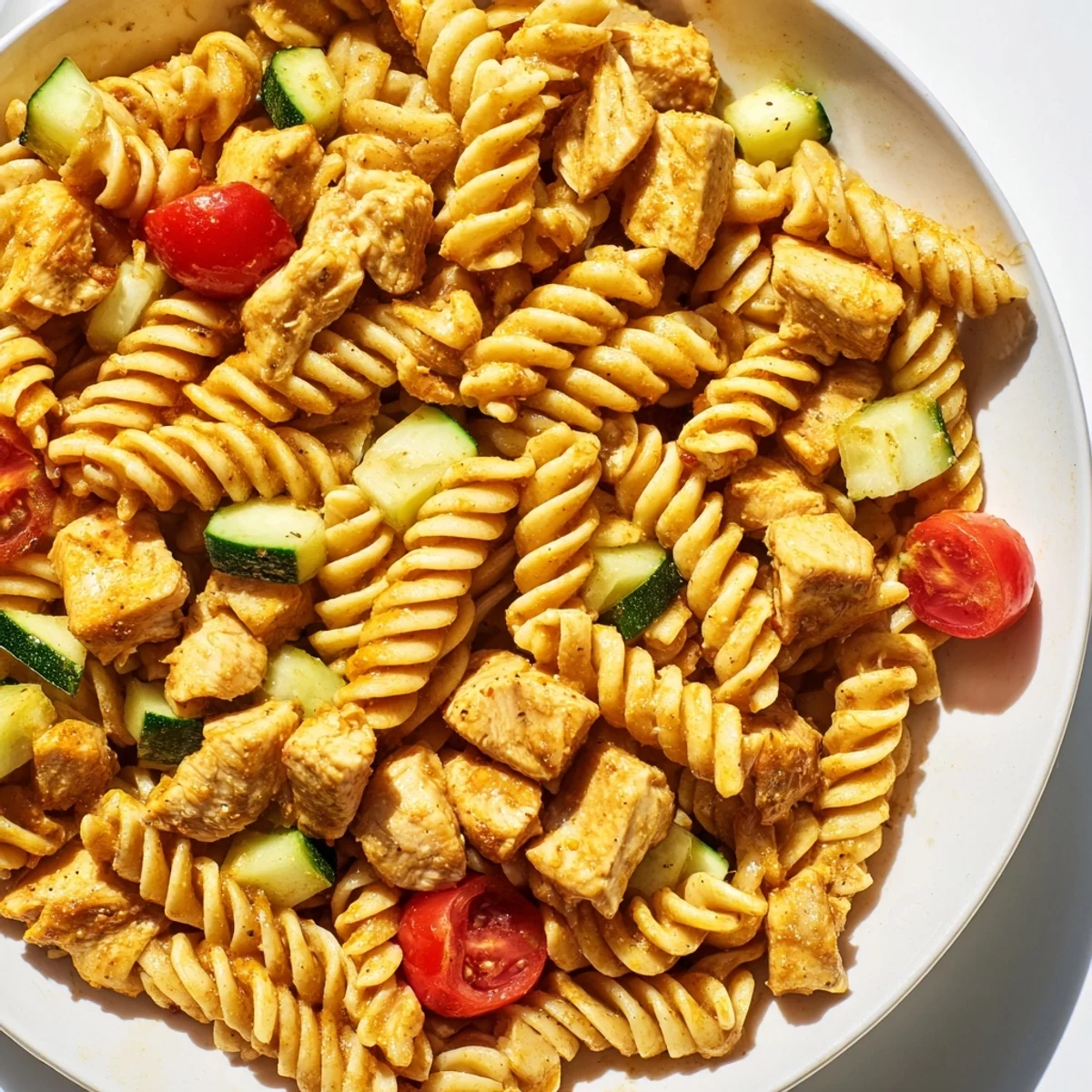 Vibrant Honey Mustard Chicken Pasta Salad with tender chicken, al dente fusilli, and crisp veggies in a zesty honey-mustard dressing.