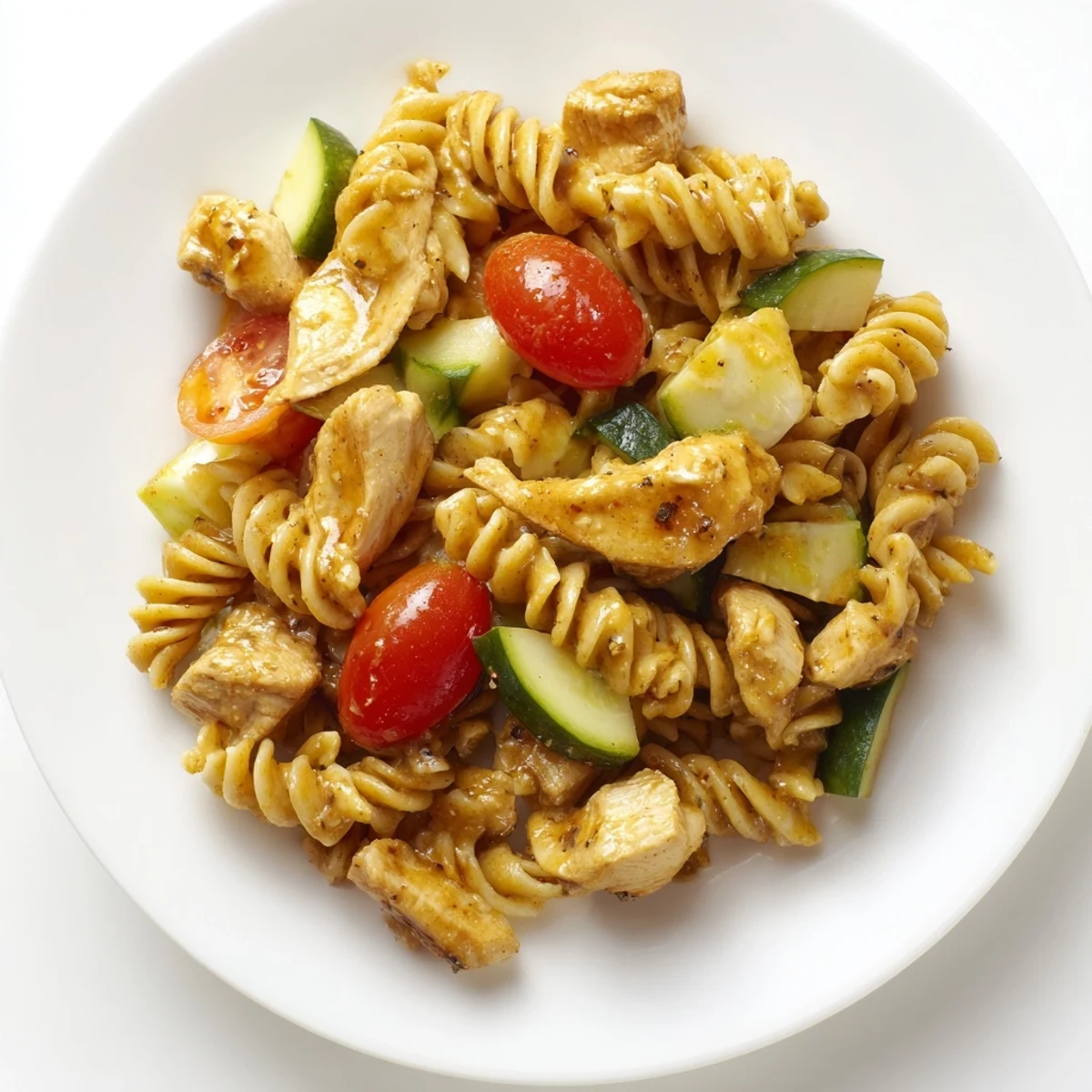 A refreshing bowl of Honey Mustard Chicken Pasta Salad, featuring juicy chicken, spiral pasta, and colorful vegetables, perfect for a light summer lunch.