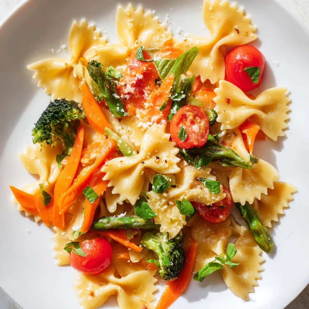 Rainbow Veggie Pasta Primavera in a white bowl, showcasing vibrant red tomatoes, green asparagus, and yellow squash tossed with bow-tie pasta.