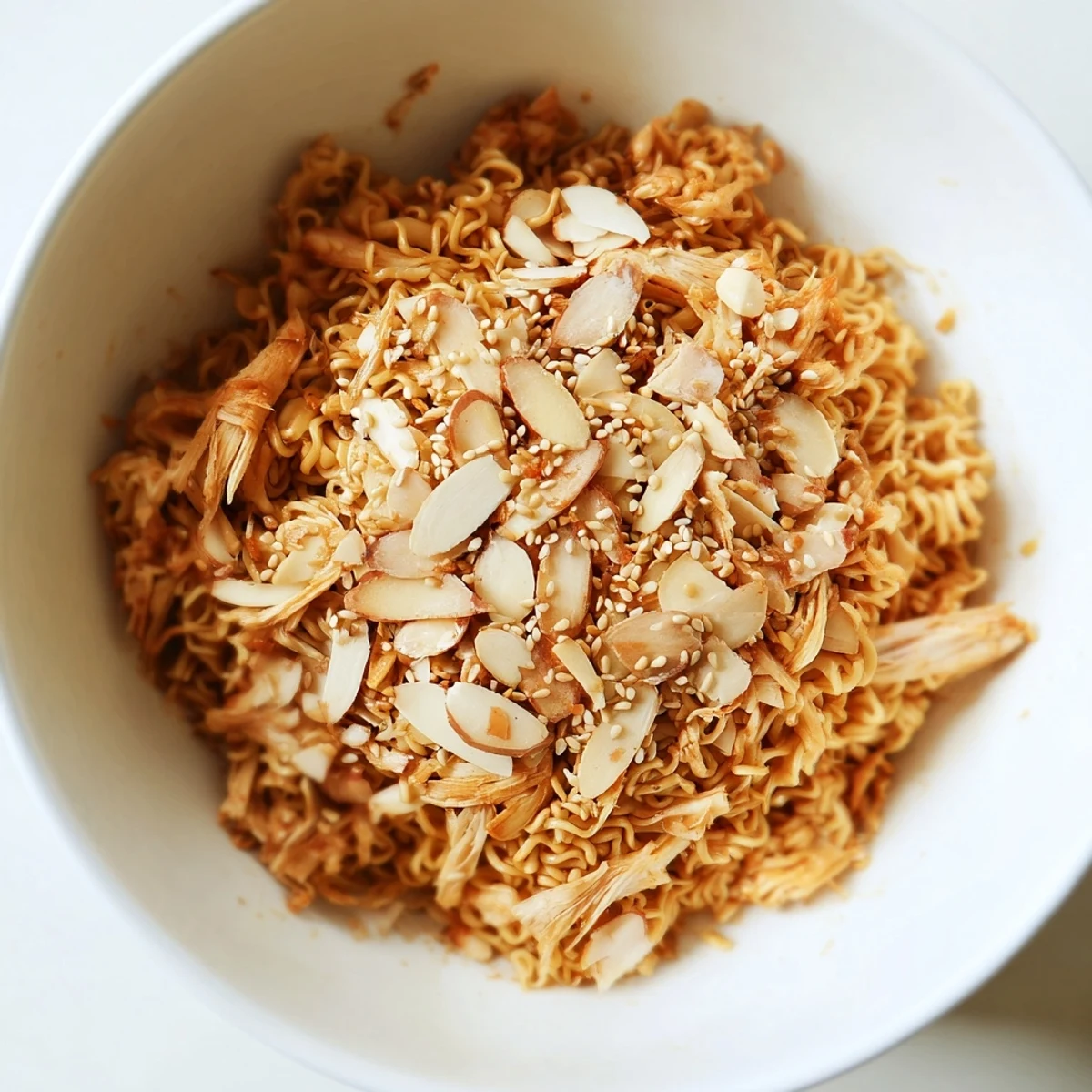 Savor this American-Asian fusion Crunchy Ramen Chicken Salad, featuring colorful veggies and a zesty ginger-sesame vinaigrette.