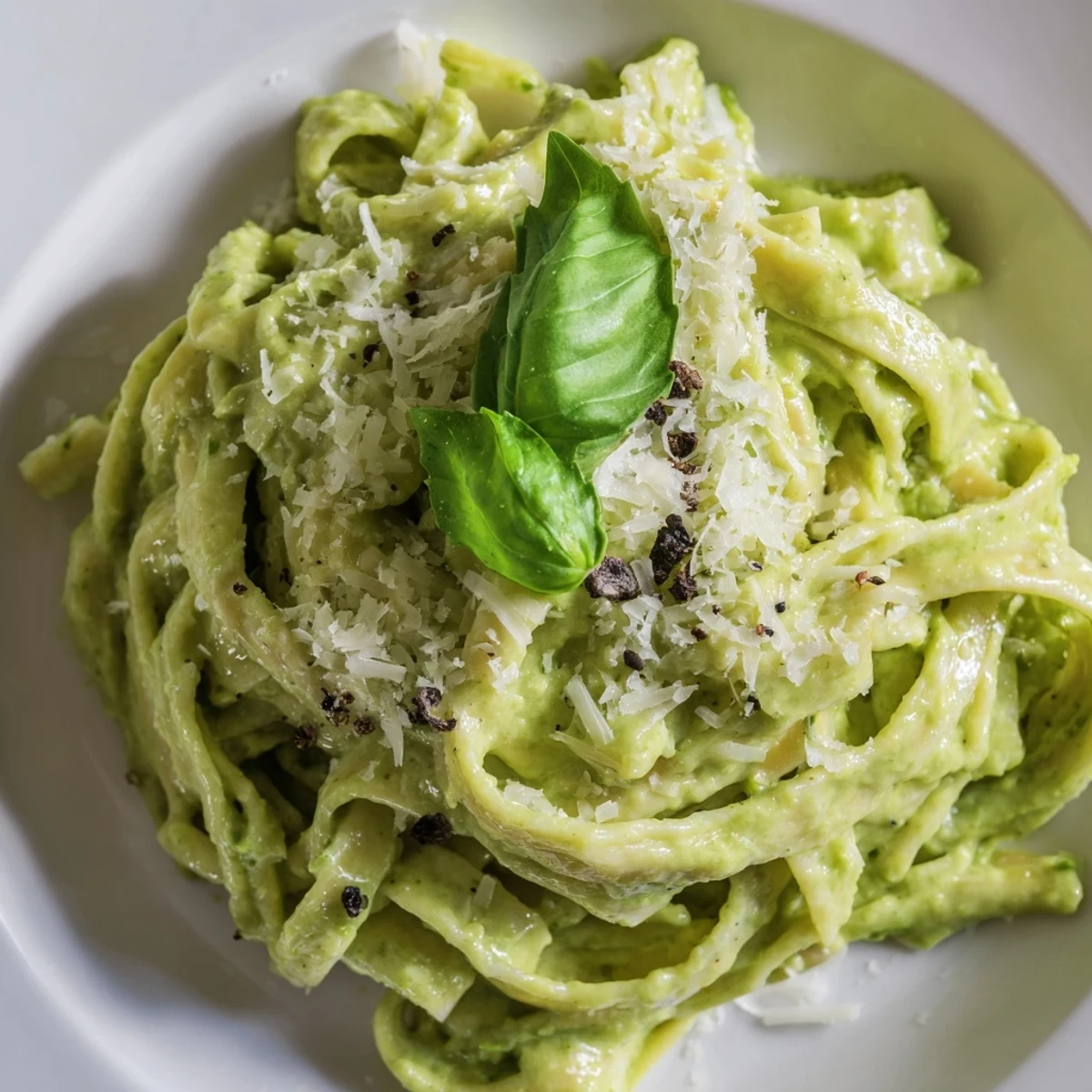 A skillet of hot Creamy Green Pea Alfredo with fettuccine, garnished with basil and cracked black pepper for a comforting weeknight dinner.  