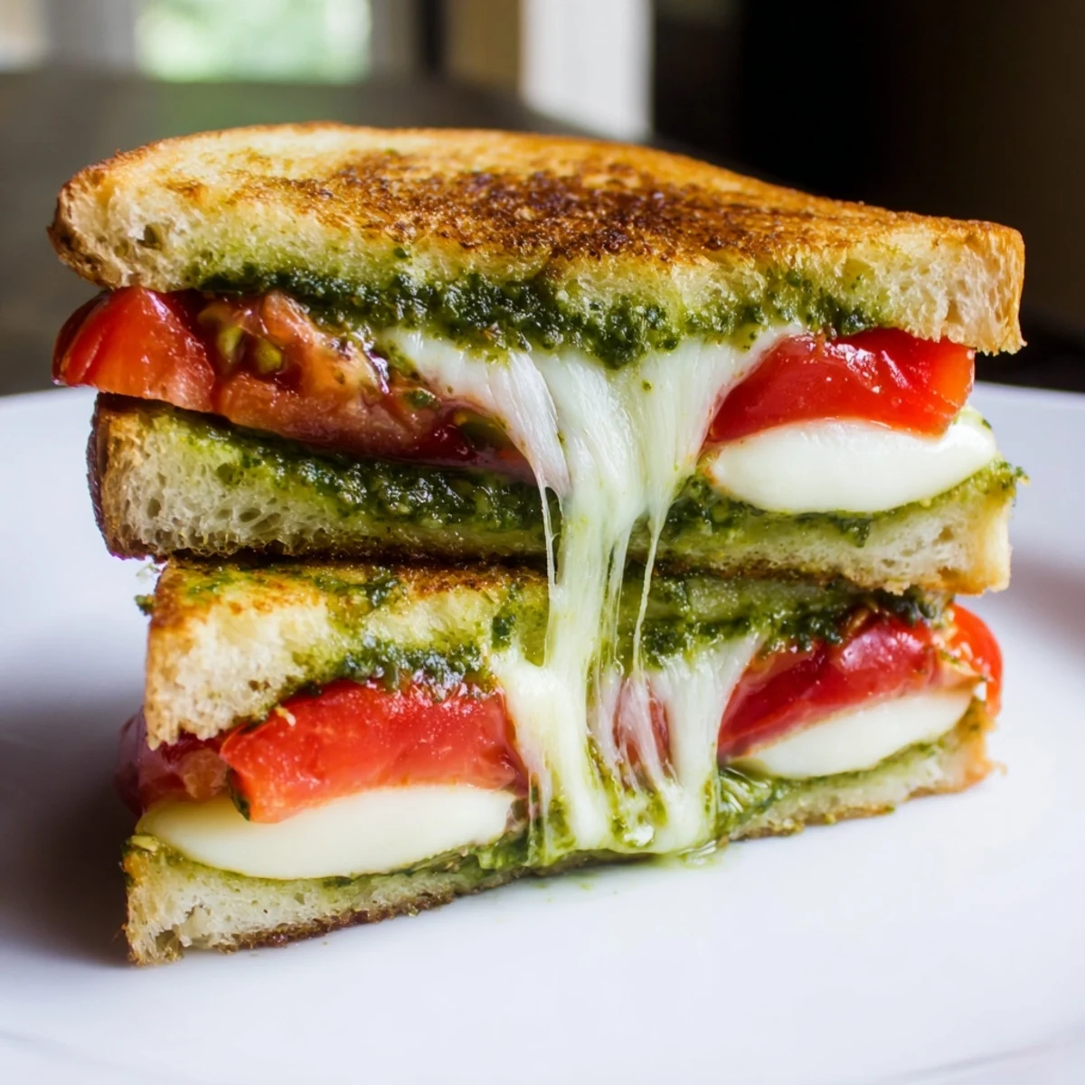Gooey Caprese Pesto Grilled Cheese with melted mozzarella, ripe tomato slices, and golden sourdough bread.