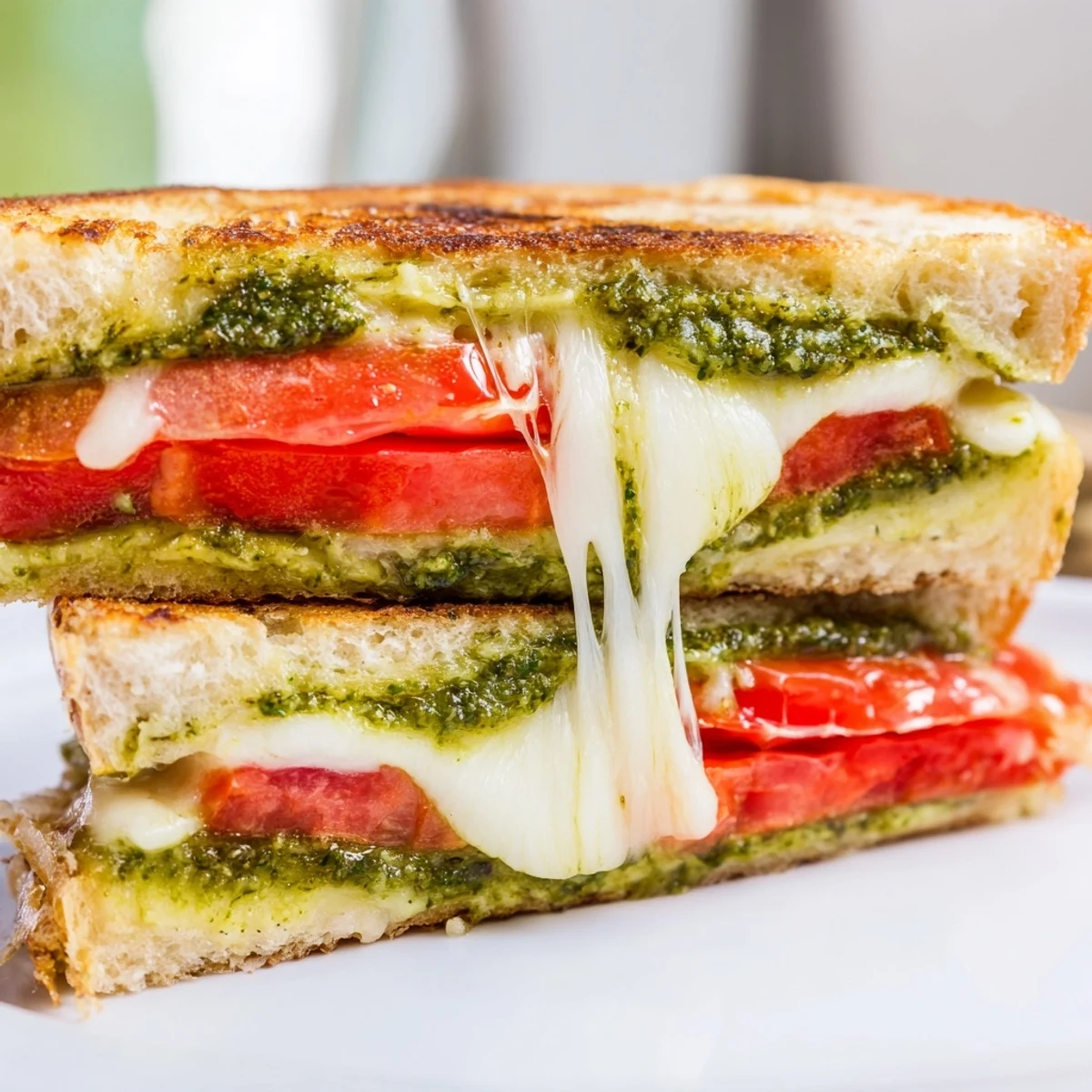 Caprese Pesto Grilled Cheese on crusty bread, layered with pesto, fresh mozzarella, and juicy tomatoes.