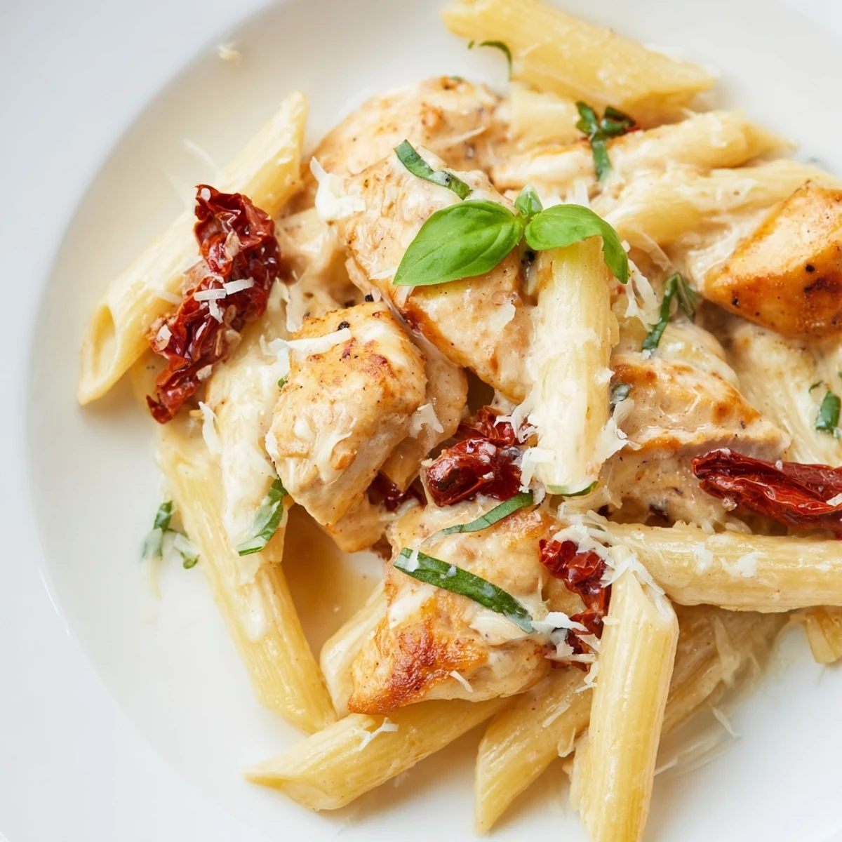 Creamy Sun-Dried Tomato Chicken Pasta features tender chicken strips and penne tossed in a rich, garlicky cream sauce studded with vibrant sun-dried tomatoes.  