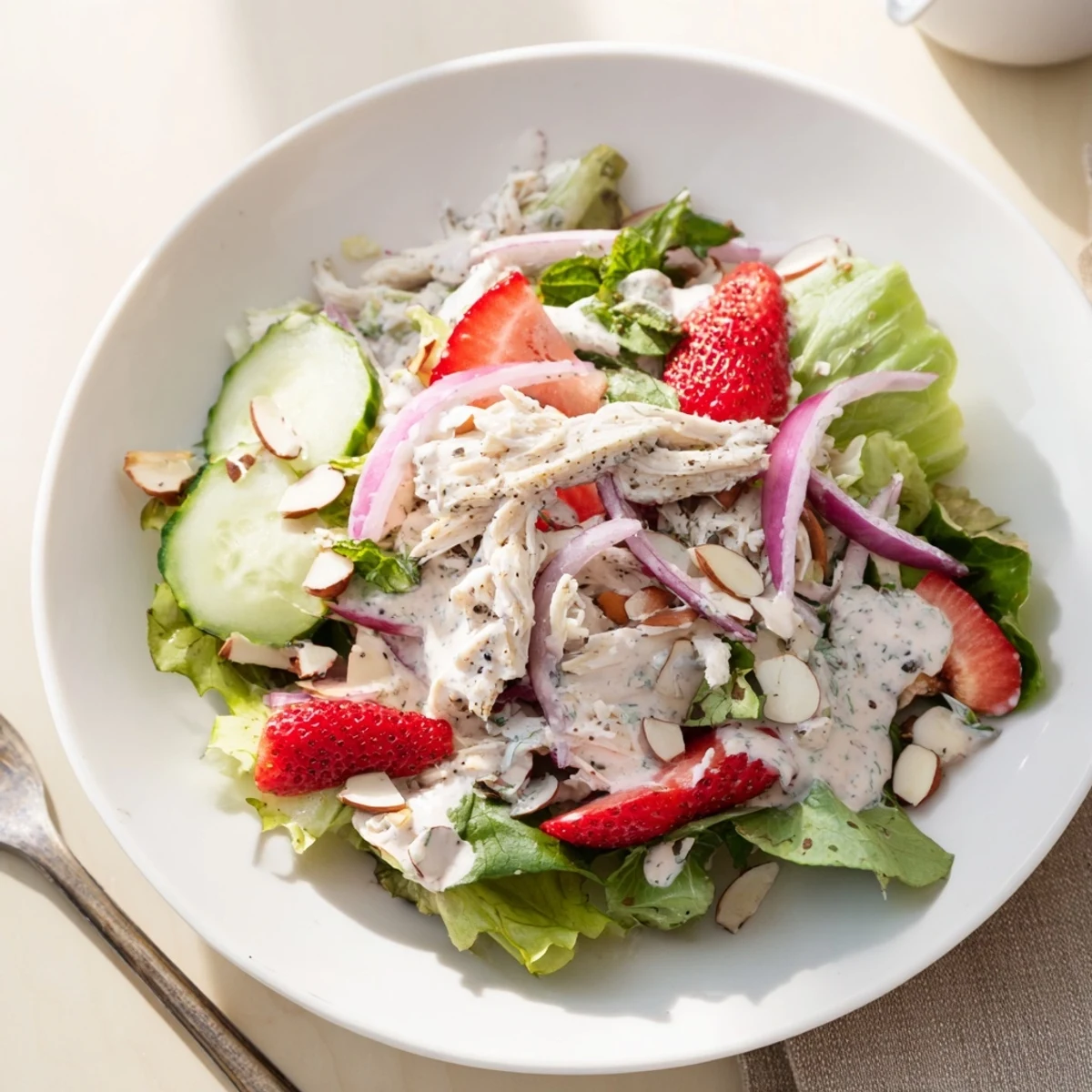 Freshly poached shredded chicken mixed with sliced strawberries, crisp cucumbers, and mixed greens tossed in creamy poppy seed dressing.