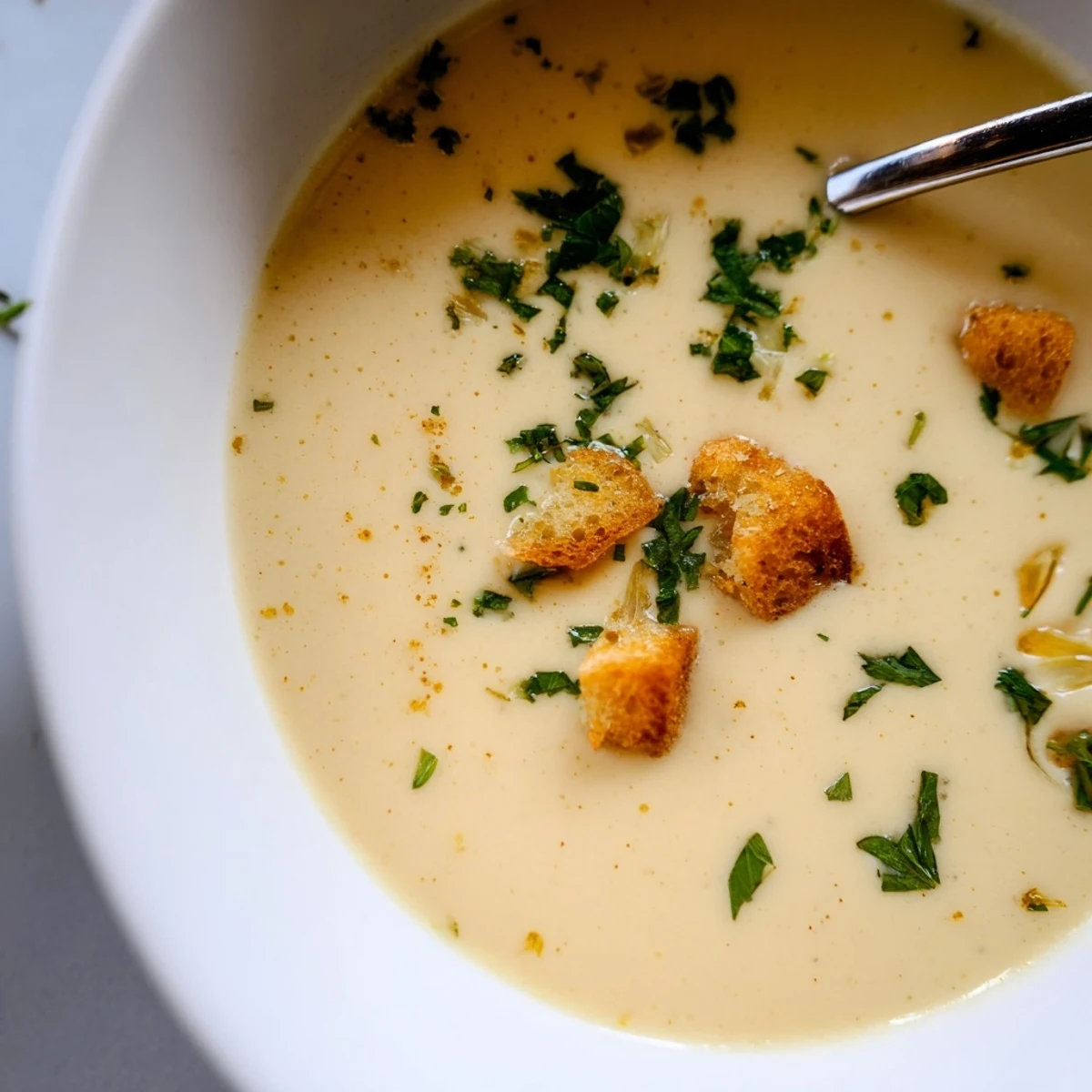 A warm bowl of Roasted Garlic Soup garnished with fresh parsley and optional croutons, its creamy texture steaming invitingly.  