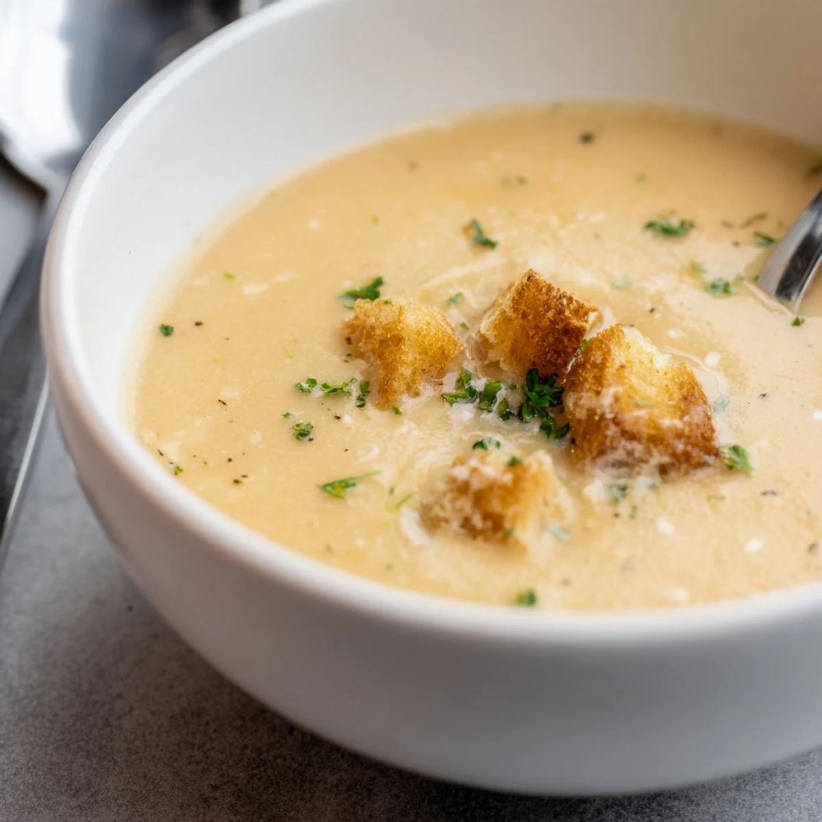 Velvety Roasted Garlic Soup served with a slice of crusty toast for dipping, perfect for a cozy, chilly evening.  