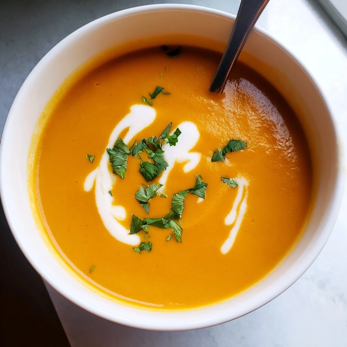 Steaming bowl of carrot ginger soup garnished with fresh cilantro and a swirl of coconut cream.  