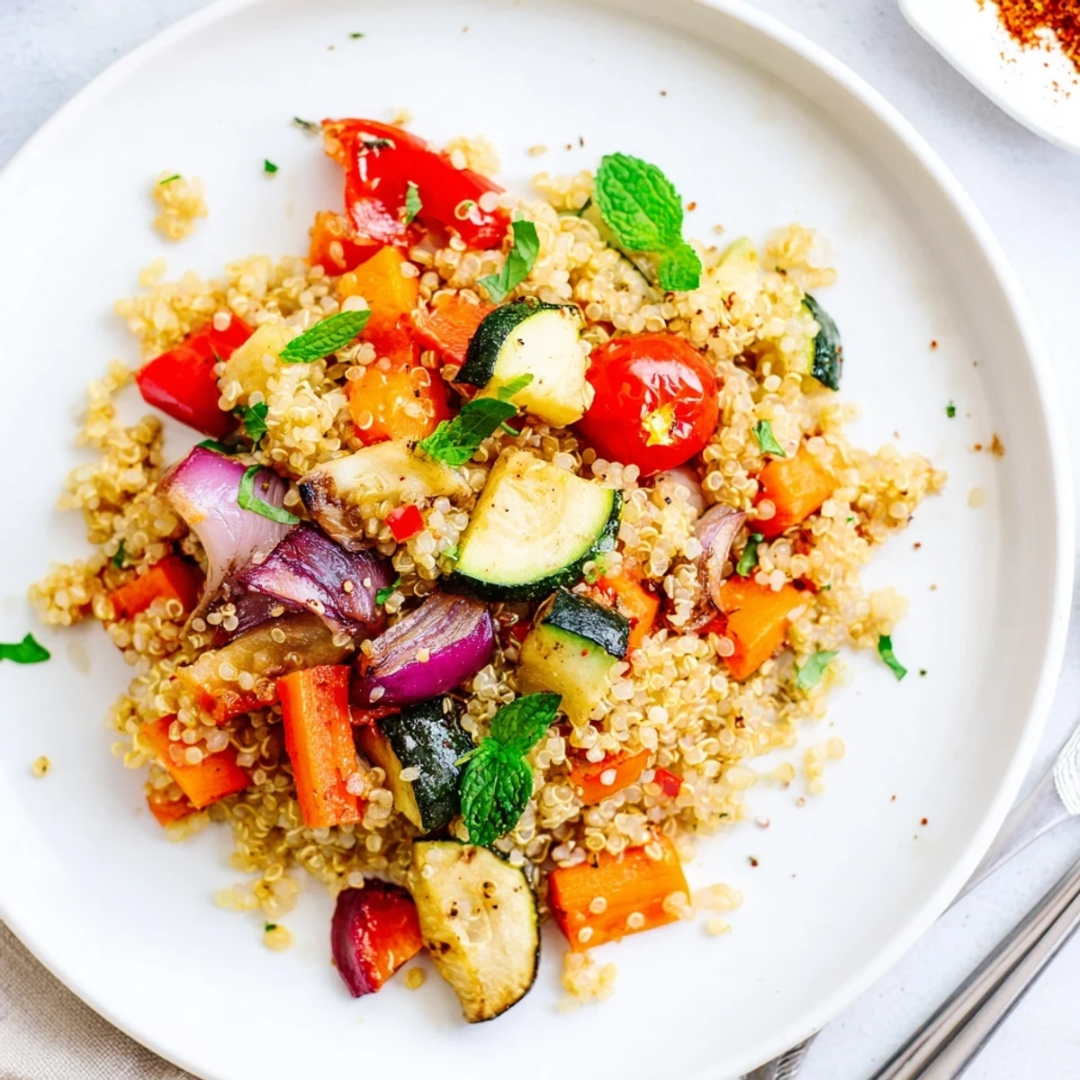 A vibrant bowl of quinoa vegetable pilaf featuring colorful roasted vegetables and aromatic herbs, ready to serve as a main dish.