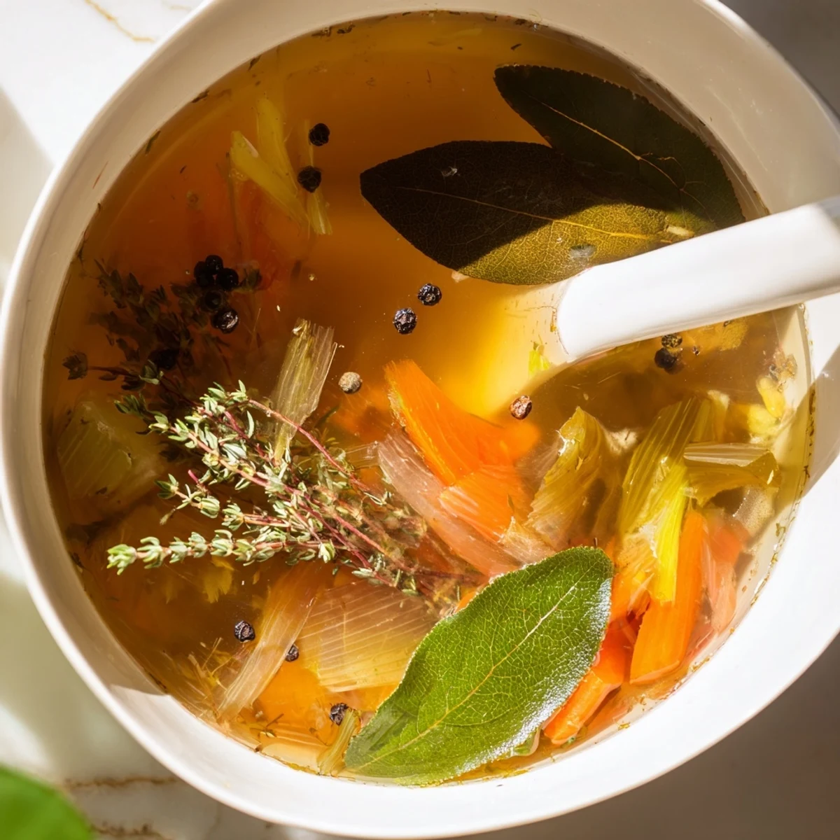 Homemade Vegetable Broth from Scraps simmering in a large pot with aromatic herbs and bay leaves.