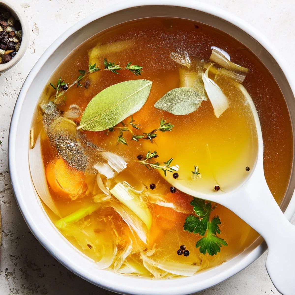 A glass jar of golden Vegetable Broth from Scraps beside fresh vegetable trimmings and parsley sprigs.