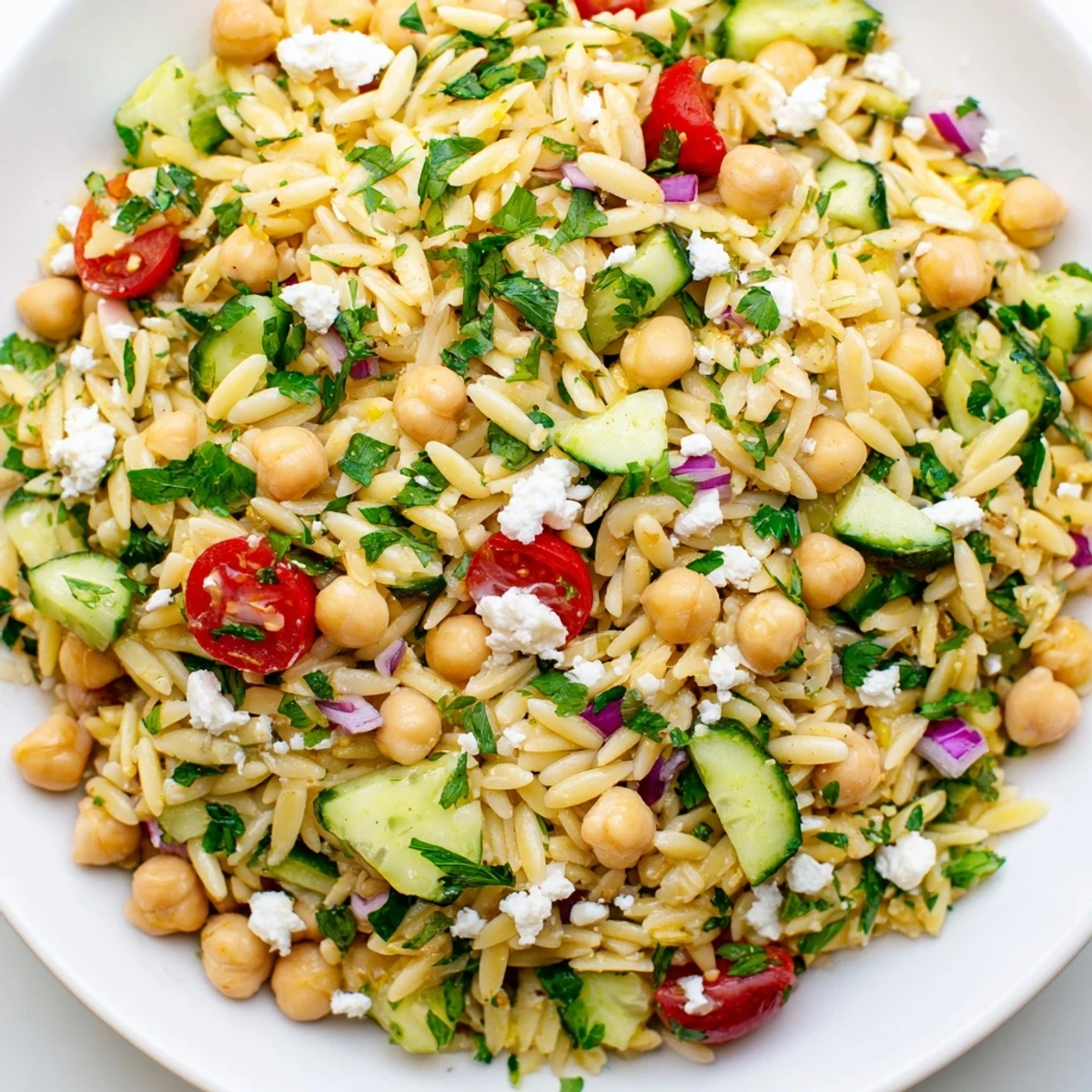 Bright yellow orzo salad with chickpeas, cucumbers, cherry tomatoes, herbs, and crumbled feta, drizzled with a zesty lemon vinaigrette on a white platter.