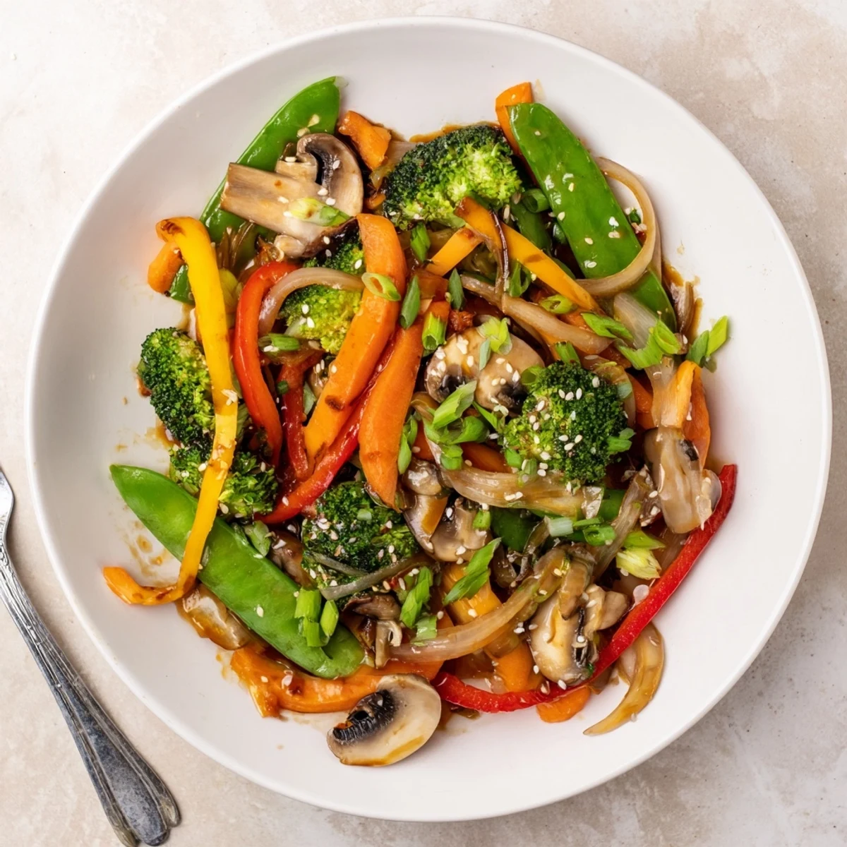 A close-up view of colorful Ginger Stir-Fried Vegetables glistening with savory soy sauce and topped with toasted sesame seeds.