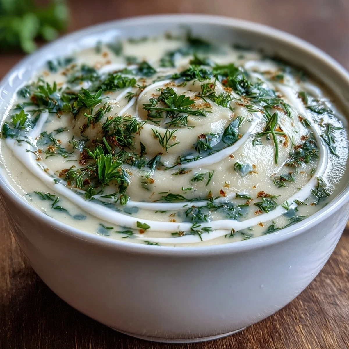 Steaming bowls of creamy Parsnip and Herb Soup garnished with fresh parsley and chives.